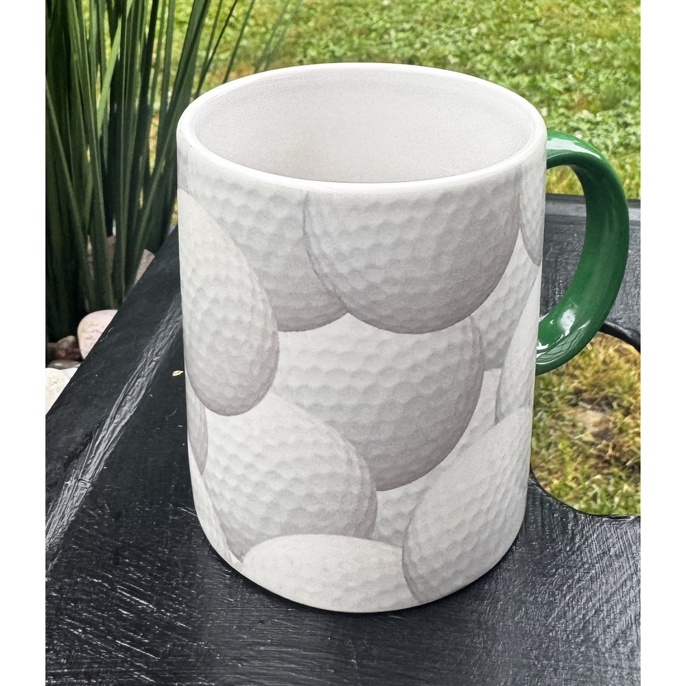 GANZ Ceramic Mug Golf Ball Pattern Dimpled White Green Handle, 1990's, Used